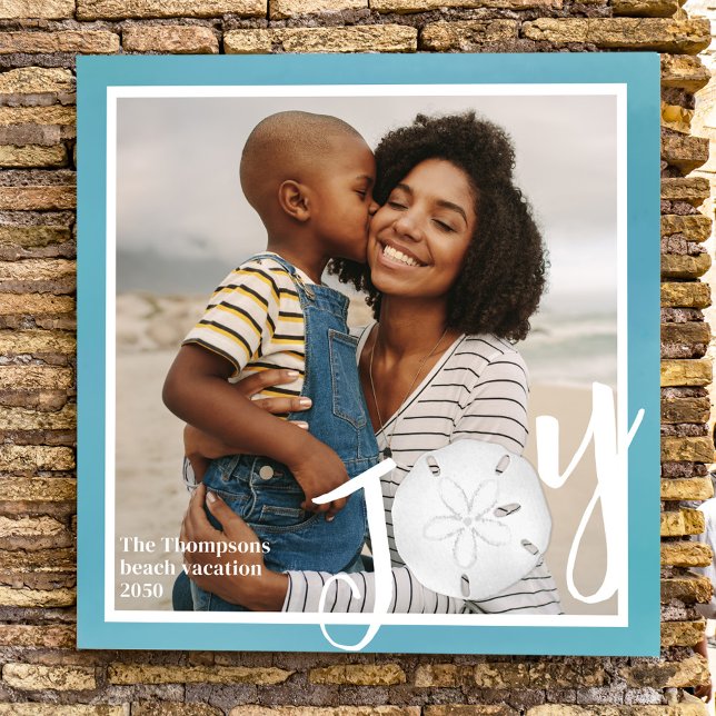 Cute Family Photo Joy Personalised Print (Holiday joy typography style photo print with a turquoise background.)