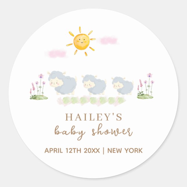 Cute Family Sheep Floral Garden Baby Shower  Classic Round Sticker (Front)