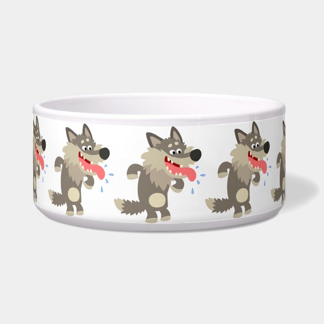 Cute Famished Cartoon Wolf Dog Bowl (Front)