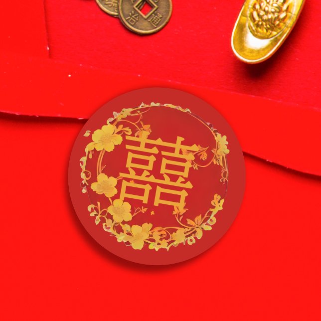 Cute Fancy Floral Chinese Double Happiness Symbol Classic Round Sticker (Cute Elegant Floral Chinese Double Happiness Symbol Classic Round Sticker.)