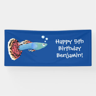 Cute fancy guppy tropical fish cartoon banner