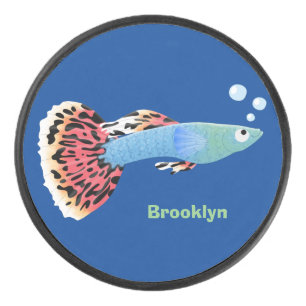 Cute fancy guppy tropical fish cartoon hockey puck