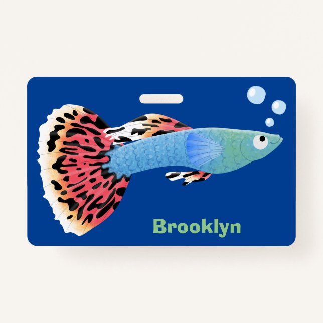 Cute fancy guppy tropical fish cartoon ID badge (Front)