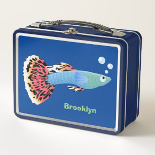 Cute fancy guppy tropical fish cartoon metal lunch box