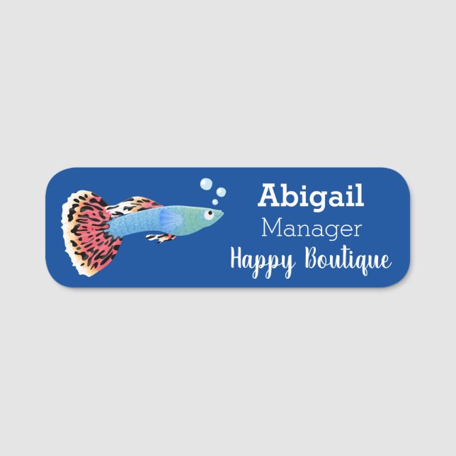 Cute fancy guppy tropical fish cartoon name tag (Front)
