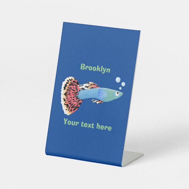 Cute fancy guppy tropical fish cartoon pedestal sign (Front)