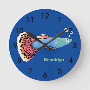 Cute fancy guppy tropical fish cartoon round clock