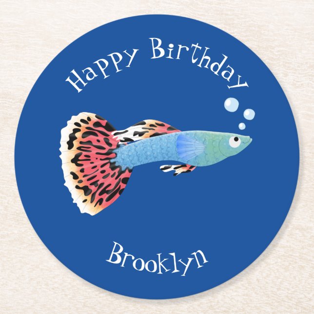 Cute fancy guppy tropical fish cartoon round paper coaster (Front)