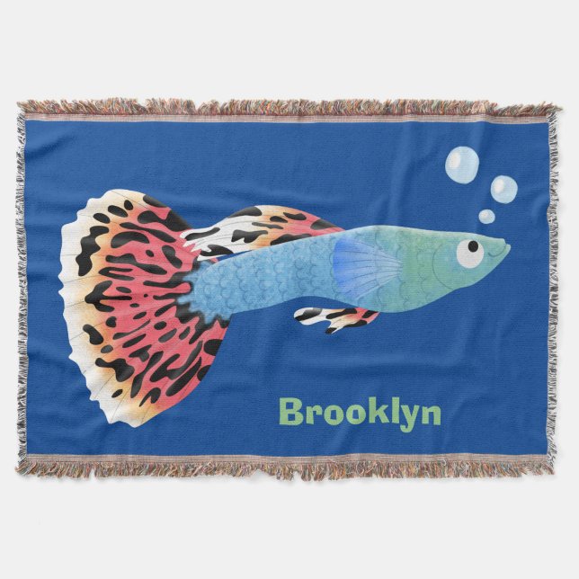 Cute fancy guppy tropical fish cartoon throw blanket (Front)