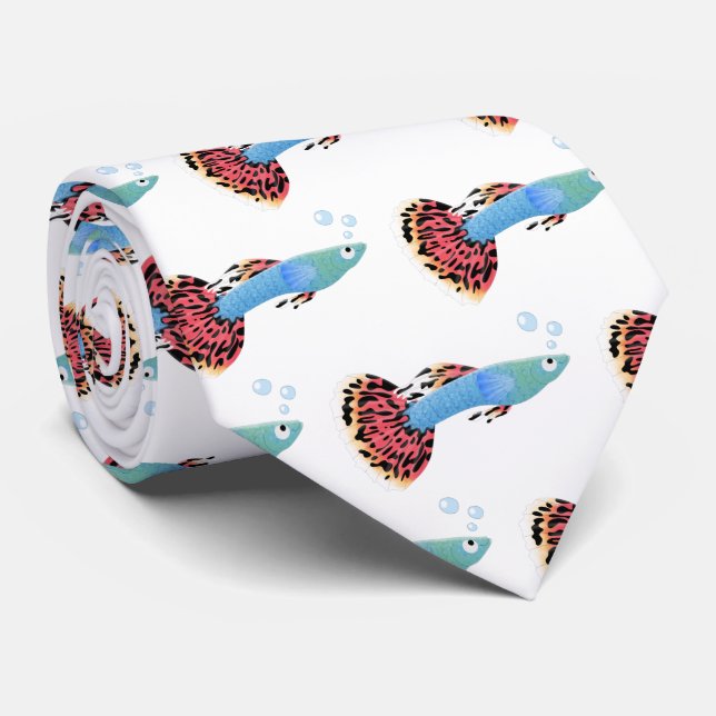 Cute fancy guppy tropical fish cartoon tie (Rolled)