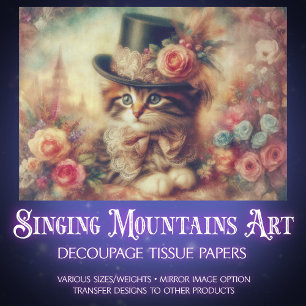 Cute Fancy Vintage Floral Kitty Decoupage Tissue Paper