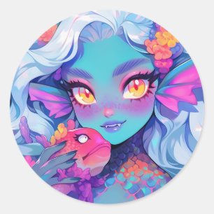 Cute Fanged Mermaid Anime Girl and Pet Fish Classic Round Sticker