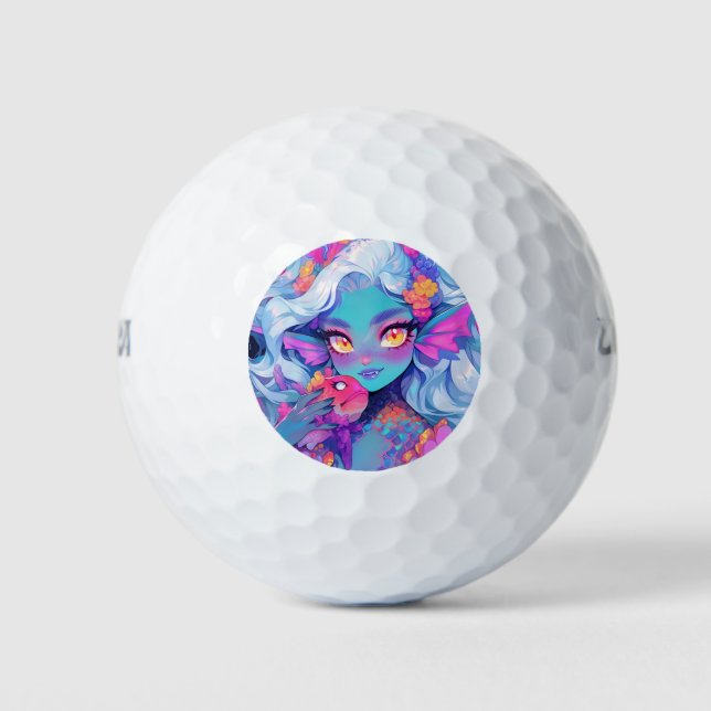 Cute Fanged Mermaid Anime Girl and Pet Fish Golf Balls (Front)