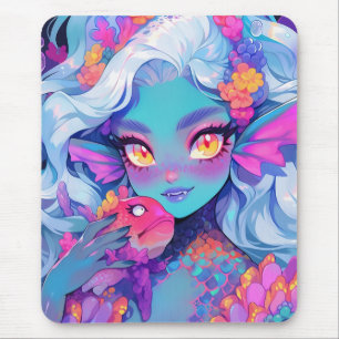 Cute Fanged Mermaid Anime Girl and Pet Fish Mouse Mat