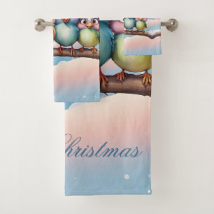 Cute fantasy birds with Christmas hats. Bath Towel Set