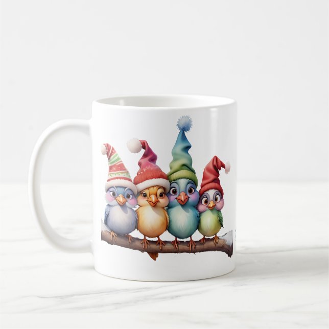 Cute fantasy birds with Christmas hats. Coffee Mug (Left)