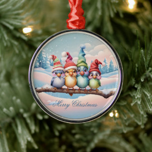 Cute fantasy birds with Christmas hats. Metal Tree Decoration