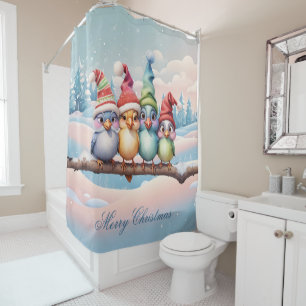 Cute fantasy birds with Christmas hats. Shower Curtain