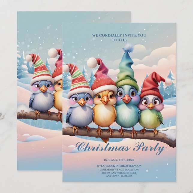 Cute fantasy birds with Christmas hats.The birds a Invitation (Front/Back)