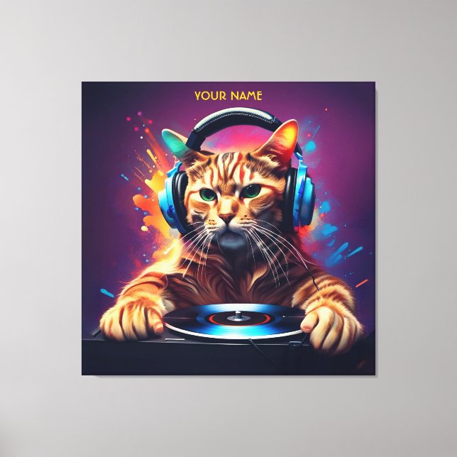 Cute Fantasy Cat DJ Vinyl Canvas Print (Front)