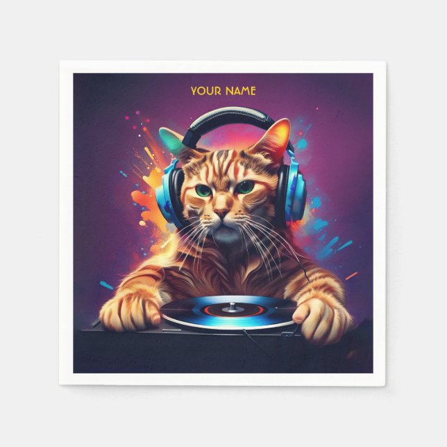 Cute Fantasy Cat DJ Vinyl Napkin (Front)