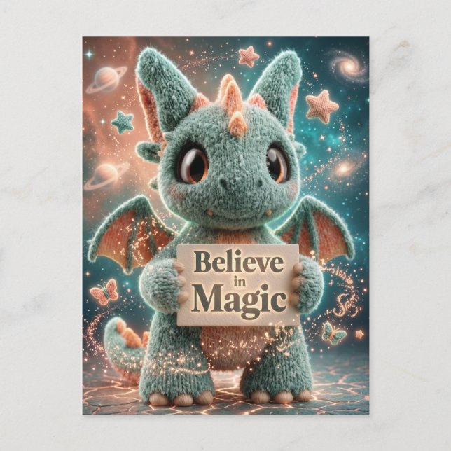Cute Fantasy Dragon Plush Holding Believe in Magic Postcard (Front)