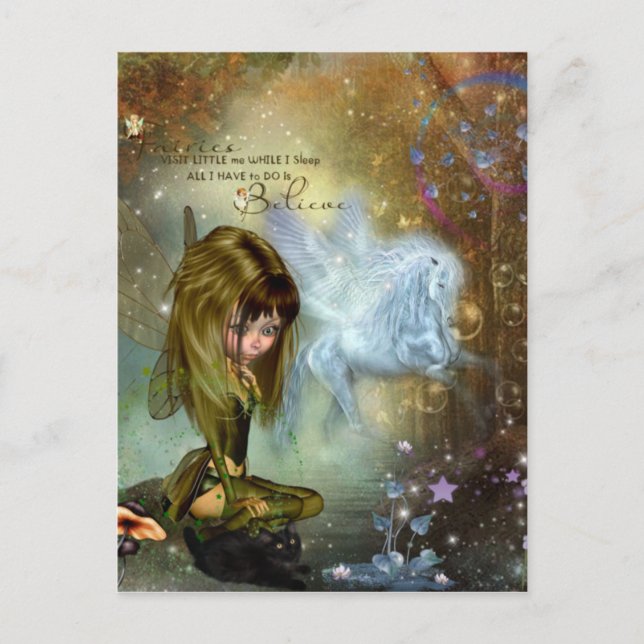 Cute Fantasy Fairy & Pegasus Believe Quote Postcard (Front)