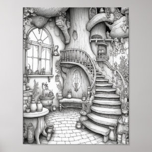 Cute Fantasy Interior Adult Colouring Poster