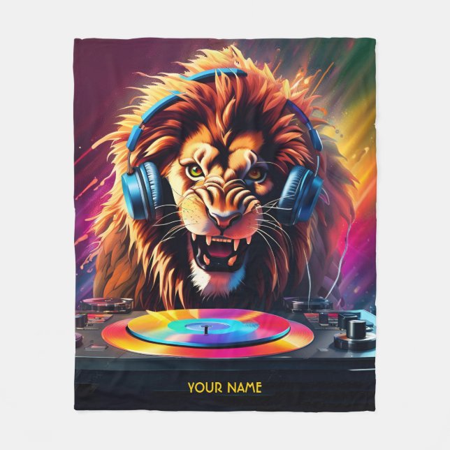 Cute Fantasy Lion DJ Vinyl Fleece Blanket (Front)