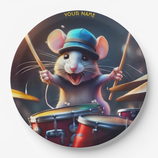 Cute Fantasy Mouse Playing Drums Paper Plate (Front)