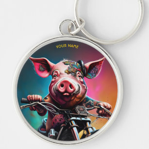 Cute Fantasy Pig Riding Bike Key Ring