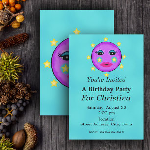 Cute Fantasy Purple Moon Face Stars Birthday Invitation