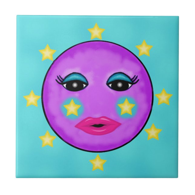 Cute Fantasy Purple Moon Face Stars Tile (Front)