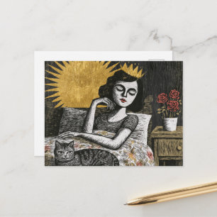 Cute Fantasy Queen and Her Cat in Bed Postcard