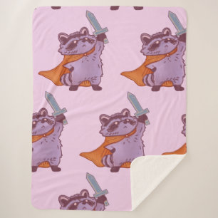 Cute Fantasy Racoon Warrior with Sword and Cape Sherpa Blanket