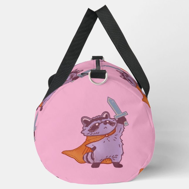 Cute Fantasy Racoon Warrior with Sword & Cape Duffle Bag (Left)