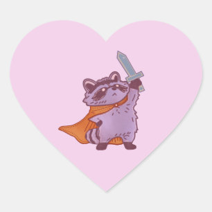 Cute Fantasy Racoon Warrior with Sword & Cape Heart Sticker