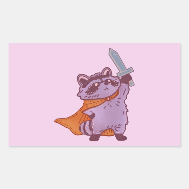 Cute Fantasy Racoon Warrior with Sword & Cape Rectangular Sticker (Front)
