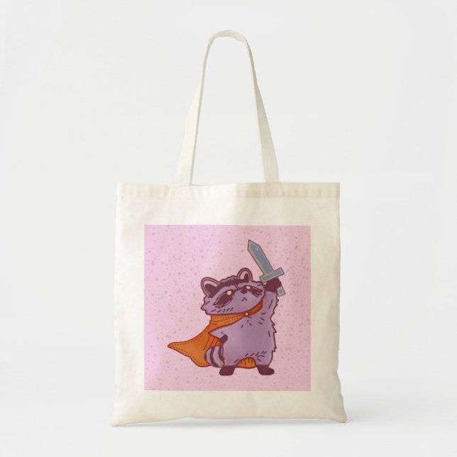 Cute Fantasy Racoon Warrior with Sword & Cape Tote Bag (Front)