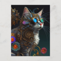 Cute fantasy steampunk cat and flowers AI art