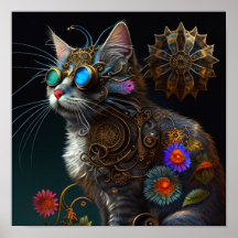 Cute fantasy steampunk cat and flowers AI art