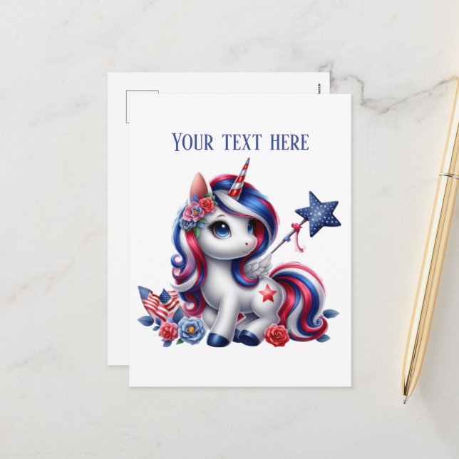 Cute fantasy unicorn add message July 4th Holiday Postcard (Front/Back In Situ)