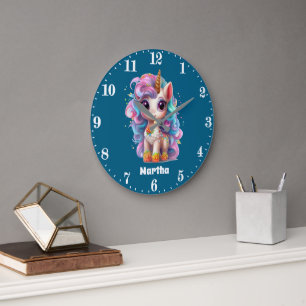 Cute fantasy unicorn add name large clock