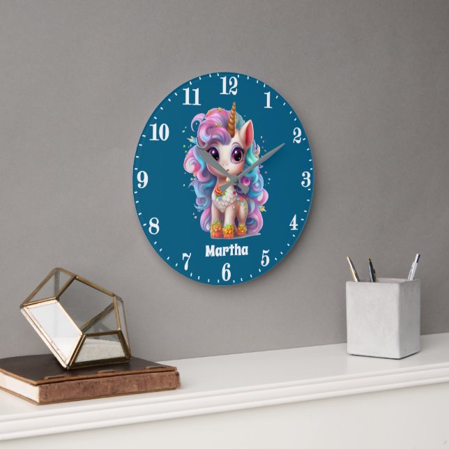 Cute fantasy unicorn add name  large clock (Office)