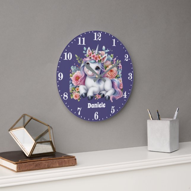 Cute fantasy unicorn add name large clock (Office)