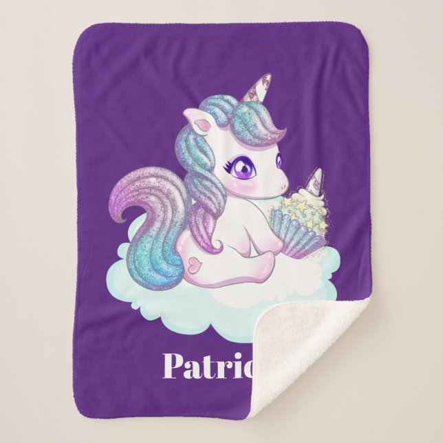 Cute Fantasy unicorn add name Sherpa Blanket (Front)