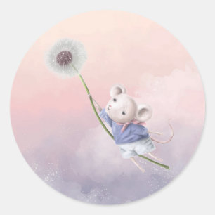 Cute Fantasy Watercolor Mouse Dandelion Flying   Classic Round Sticker
