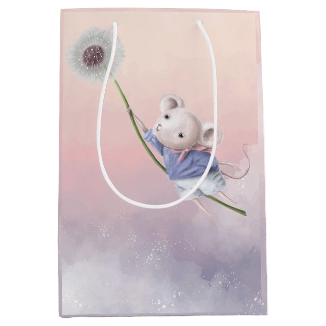  Cute Fantasy Watercolor Mouse Dandelion Flying Medium Gift Bag (Front)