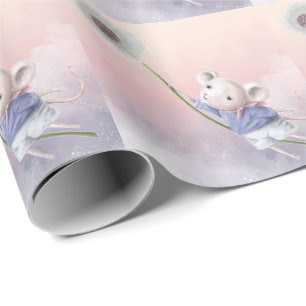  Cute Fantasy Watercolor Mouse Dandelion Flying   Wrapping Paper