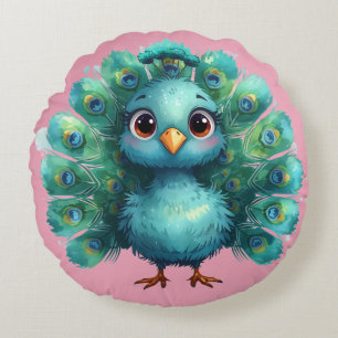 Cute Fantasy whimsical Blue Peacock Round Cushion
